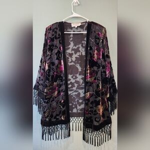 JR Nites Vtg Floral Shell Blouse Fringe Velvet Burnout Dark Fairy Whimsigoth L